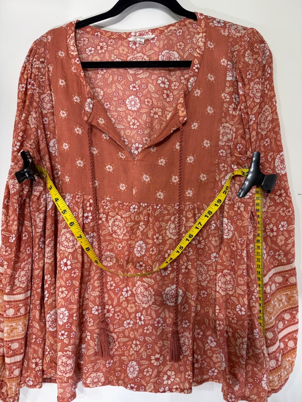 Lucky Brand Peachy Rust Floral Peasant Tunic with Tassel Ties Size L - Picture 6 of 6